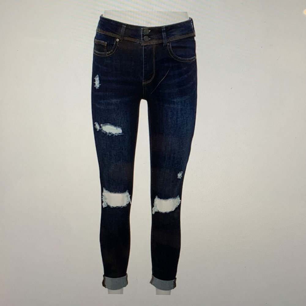 Indigo Rein Juniors Mid Rise Skinny Jeans 00/22 New with Tags Dark Blue Distress